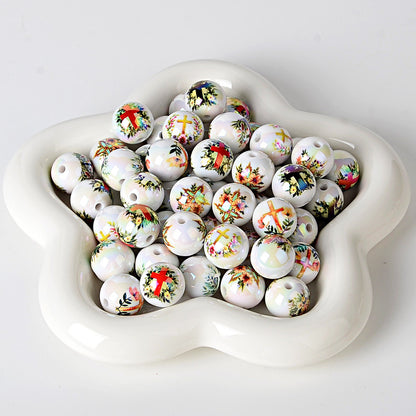 100Pcs 16mm acrylic solid color printing surrounding vine cross straight hole round bead DIY bracelet pendant jewelry accessories