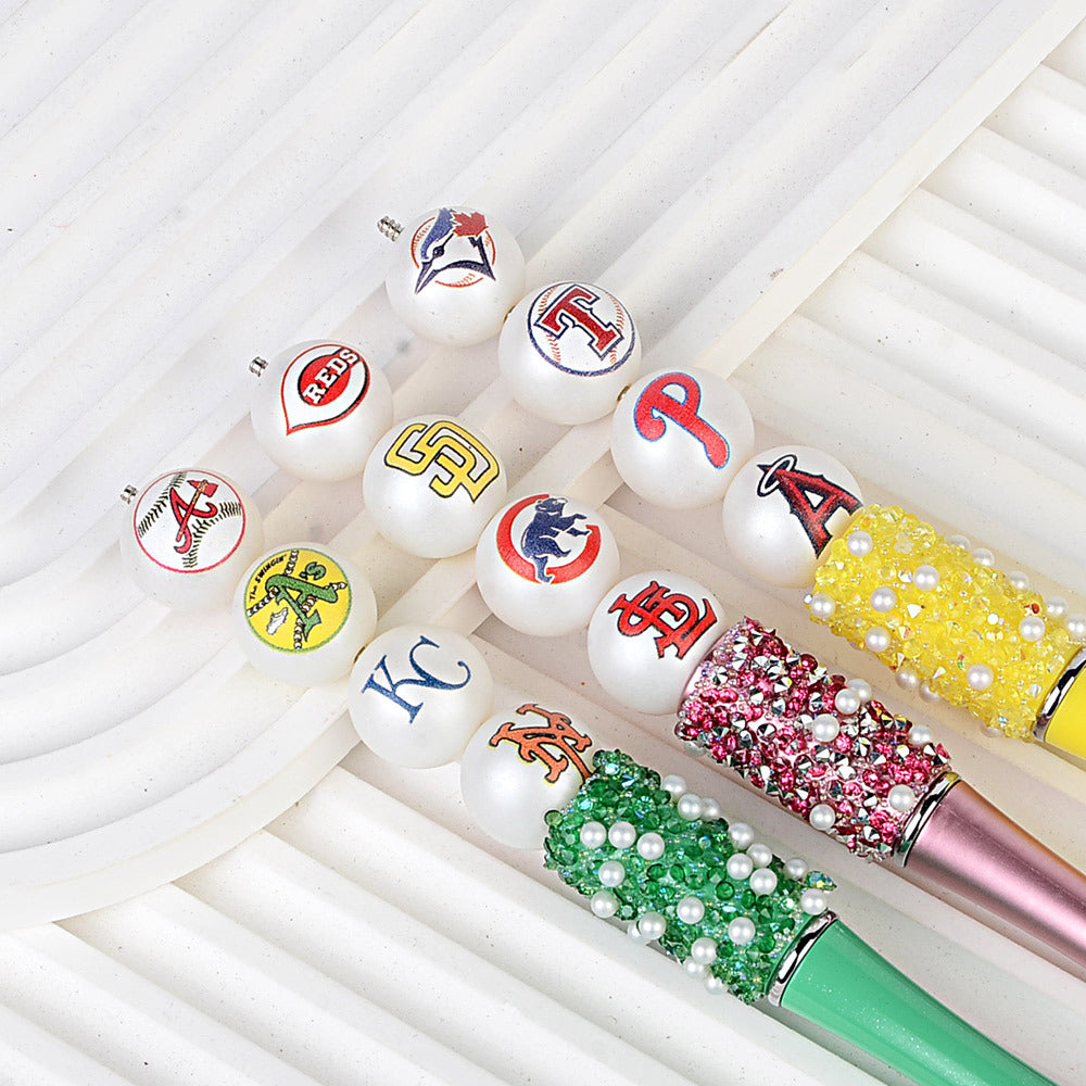 100Pcs 16mm frosted printing MLB baseball league round beads loose beads DIY bead pen car hanging baseball team accessories