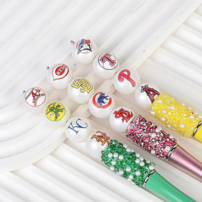 100Pcs 16mm frosted printing MLB baseball league round beads loose beads DIY bead pen car hanging baseball team accessories