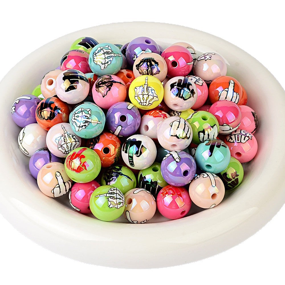 100Pcs multi-color colorful skull palm printing acrylic round beads American street punk style DIY loose bead accessories wholesale