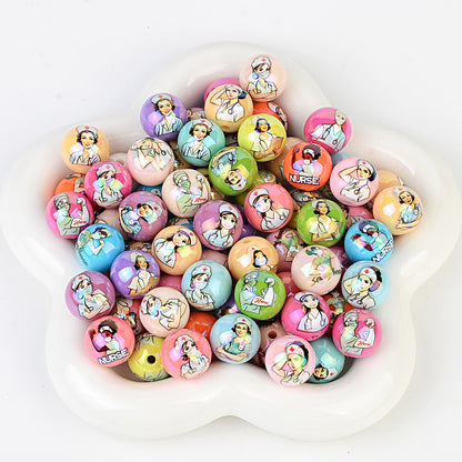 100Pcs acrylic disc bead printing medical clothing straight hole round bead DIY mobile phone rope keychain bead pen accessories