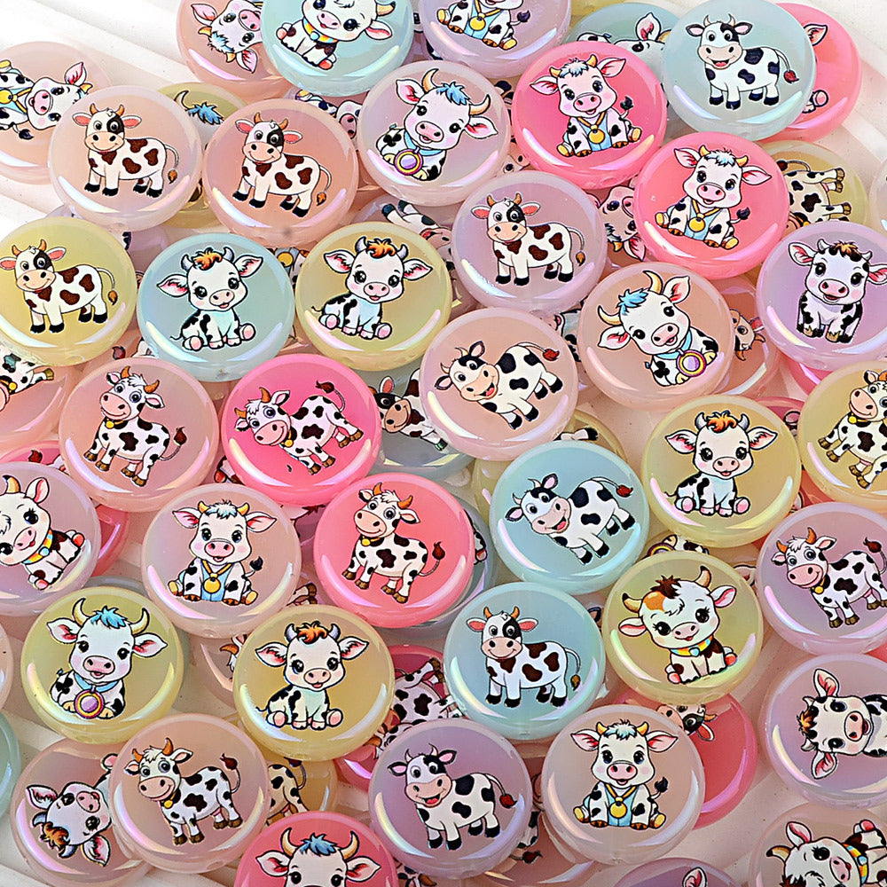 100Pcs acrylic printing cartoon small cow round vertical hole beads DIY mobile phone rope keychain string pen matching