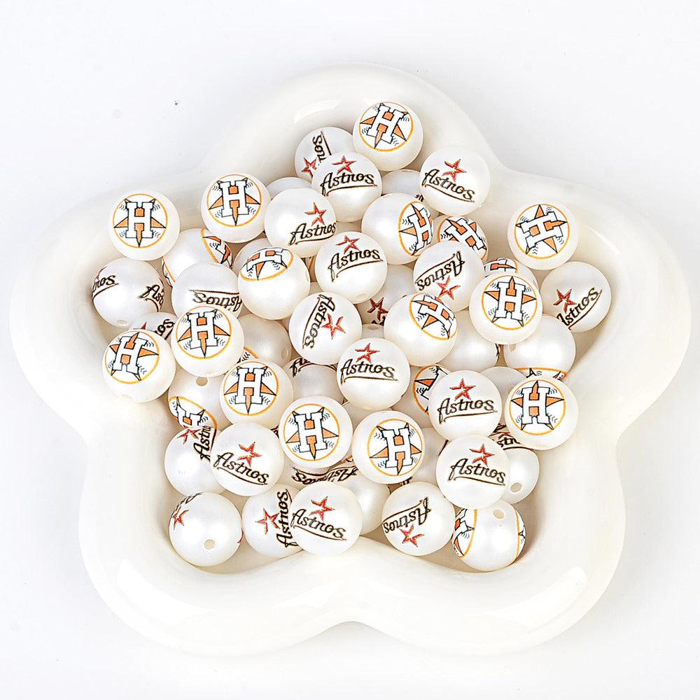 100Pcs 16mm frosted printing MLB baseball league round beads loose beads DIY bead pen car hanging baseball team accessories