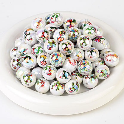 100Pcs Christmas elements printed round beads Santa Claus Christmas tree gingerbread man various acrylic beaded ornaments wholesale