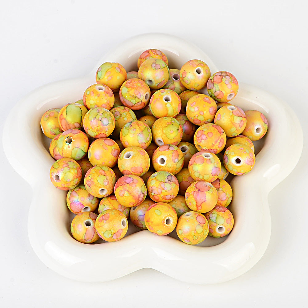 100Pcs acrylic feel gradual change color imitation ceramic flower beads straight hole pattern round beads beaded DIY bracelet necklace jewelry