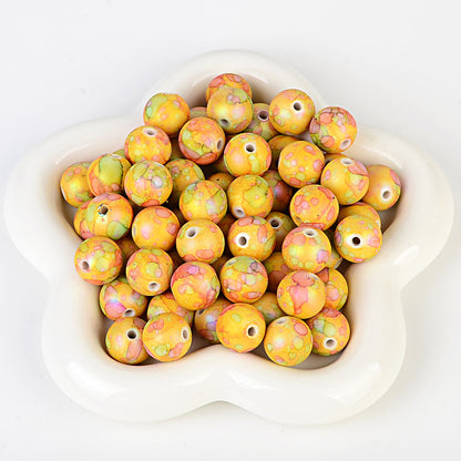 100Pcs acrylic feel gradual change color imitation ceramic flower beads straight hole pattern round beads beaded DIY bracelet necklace jewelry
