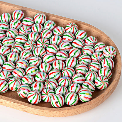 100Pcs 16mm acrylic Christmas color striped printed round beads DIY beaded mobile phone chain keychain loose beads wholesale