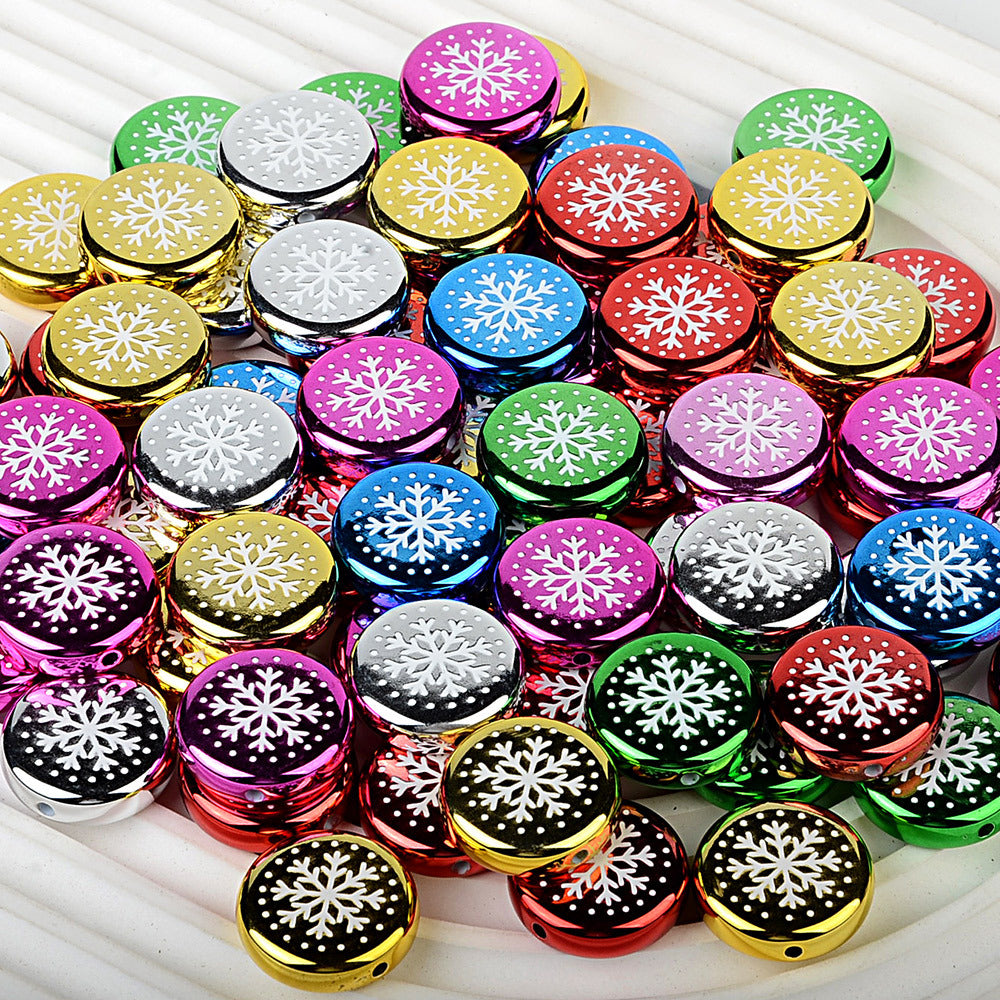 100Pcs 24mm metallic Christmas series printed through-hole flat beads DIY mobile phone bag chain jewelry accessories wholesale