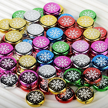 100Pcs 24mm metallic Christmas series printed through-hole flat beads DIY mobile phone bag chain jewelry accessories wholesale