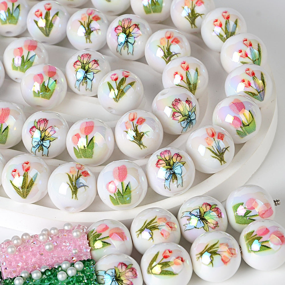 100Pcs tulip printed acrylic round beads, straight hole flower beaded accessories DIY handmade pen string bracelet material