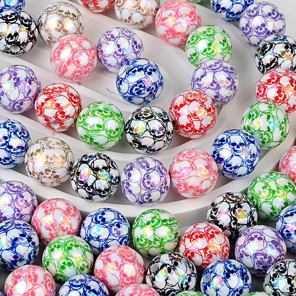 100Pcs Halloween full skull print acrylic round beads DIY mobile phone chain keychain bead pen accessories