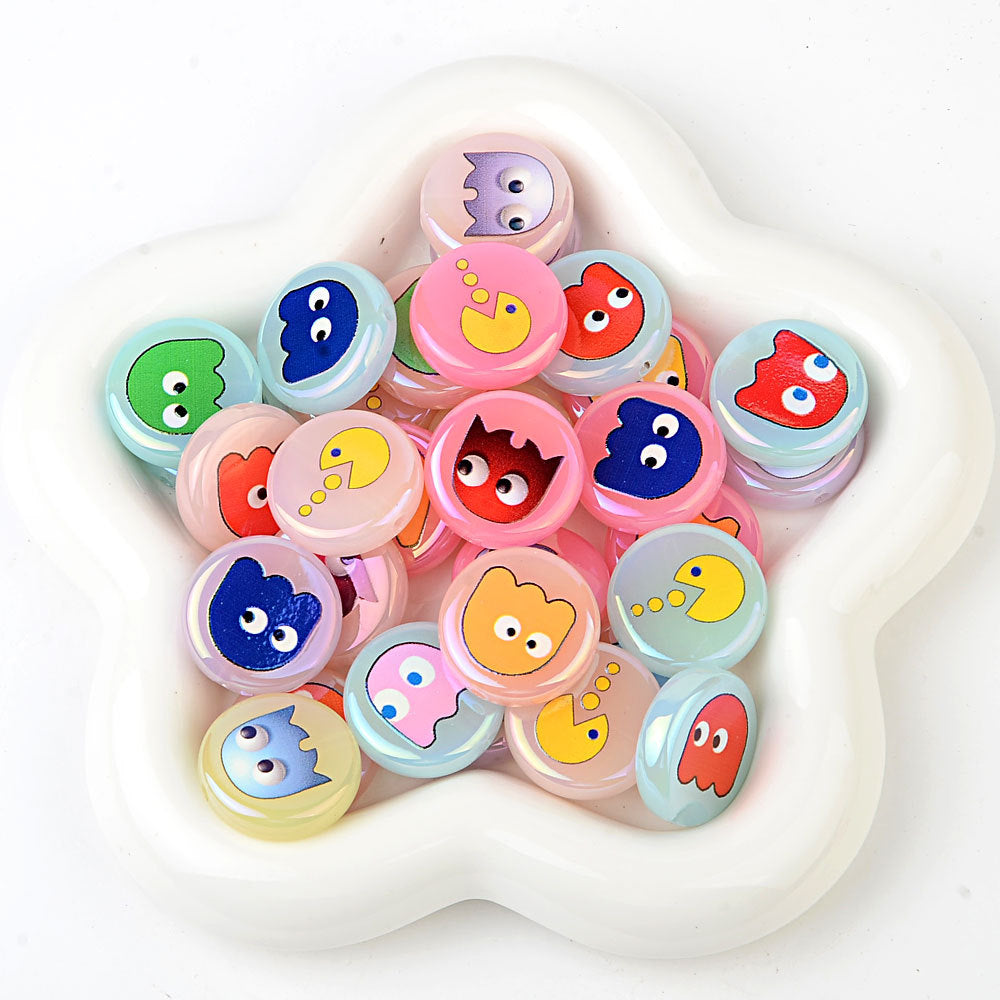 100Pcs 24mm acrylic plated color cartoon Pac-Man printed flat beads DIY mobile phone rope keychain accessories loose beads