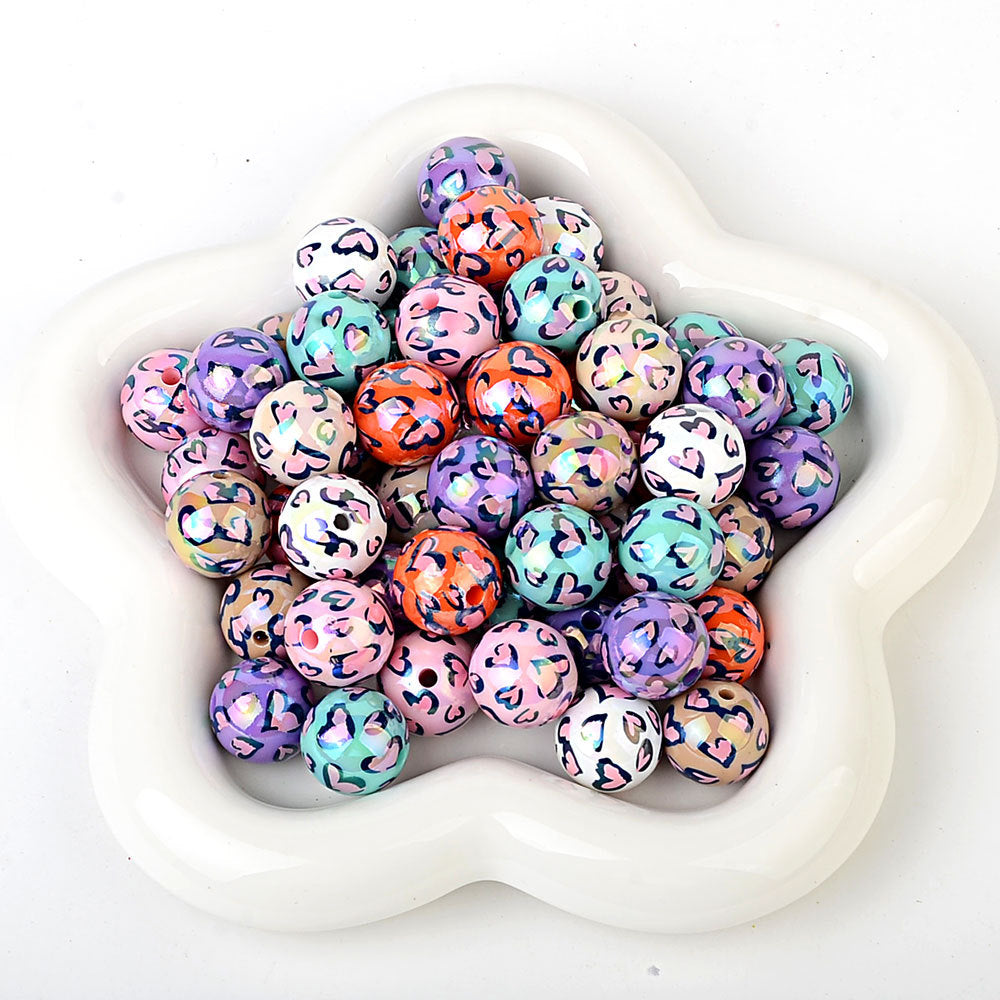 100Pcs acrylic two-color love leopard print printed beads DIY mobile phone chain bead pen jewelry accessories loose beads wholesale