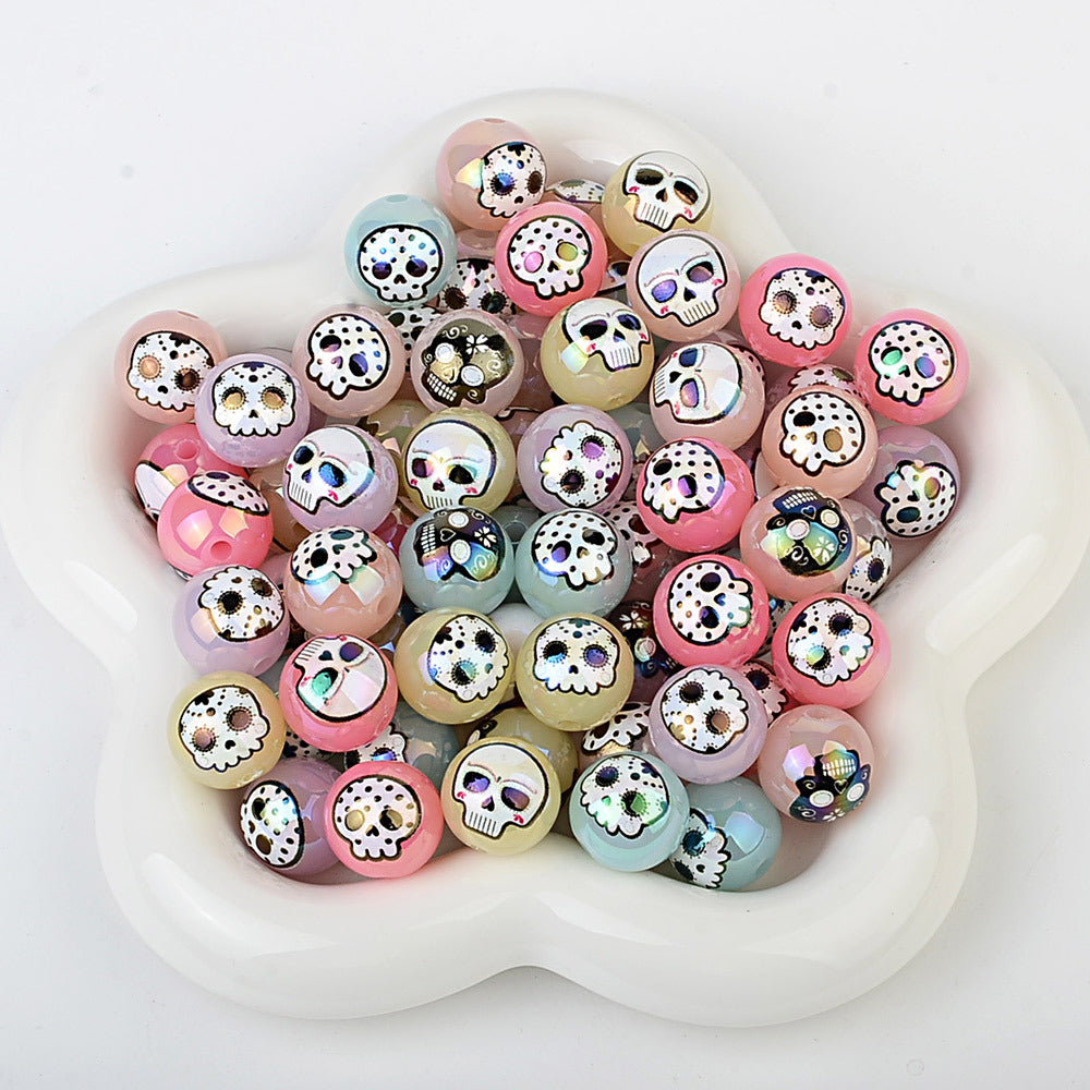 100Pcs 16mm double-sided printed skull through-hole loose beads can be handmade DIY material bracelet bracelet bead pen accessories