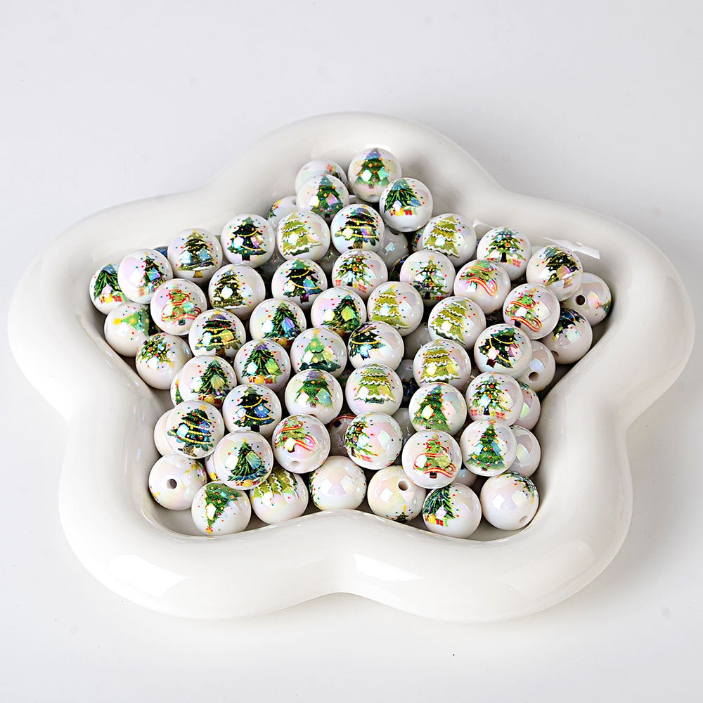 100Pcs 16mm solid color Christmas beads printed Santa Claus Christmas tree beaded DIY mobile phone chain bag chain accessories