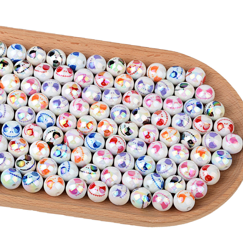 100Pcs acrylic plated UV printing Halloween grimace round beads DIY mobile phone chain keychain accessories bead pen decorative beads