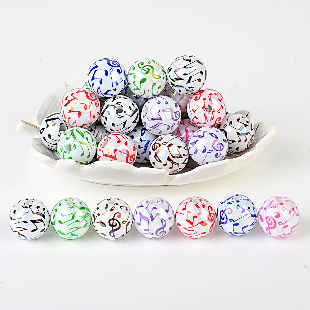 100Pcs new color music symbol printing straight hole round beads DIY mobile phone chain bead pen plated color jewelry accessories wholesale