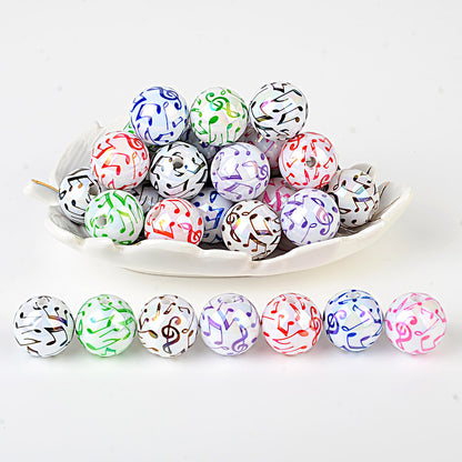 100Pcs new color music symbol printing straight hole round beads DIY mobile phone chain bead pen plated color jewelry accessories wholesale