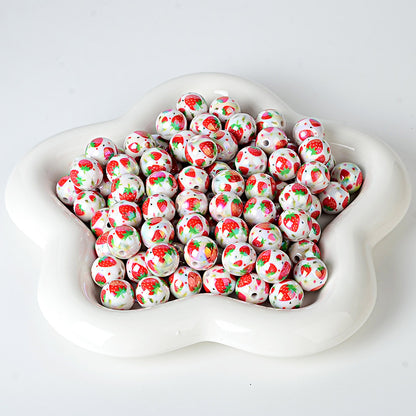100Pcs 16mm acrylic beaded printed strawberry round beads DIY mobile phone rope keychain accessories jewelry material wholesale