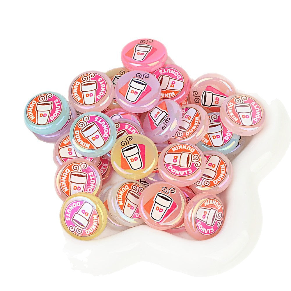 100Pcs 24mm round cake bead printing coffee cup acrylic through-hole beads DIY handmade beaded keychain accessories wholesale