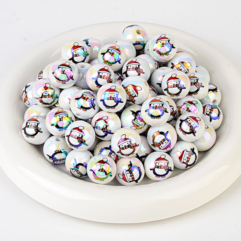 100Pcs Christmas elements printed round beads Santa Claus Christmas tree gingerbread man various acrylic beaded ornaments wholesale