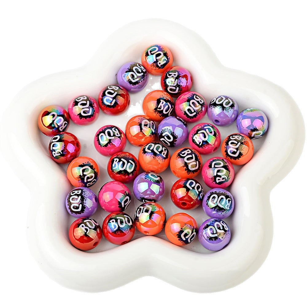 100Pcs 16mm Halloween BOO printed acrylic loose beads decorative round beads handmade DIY bead pen accessories