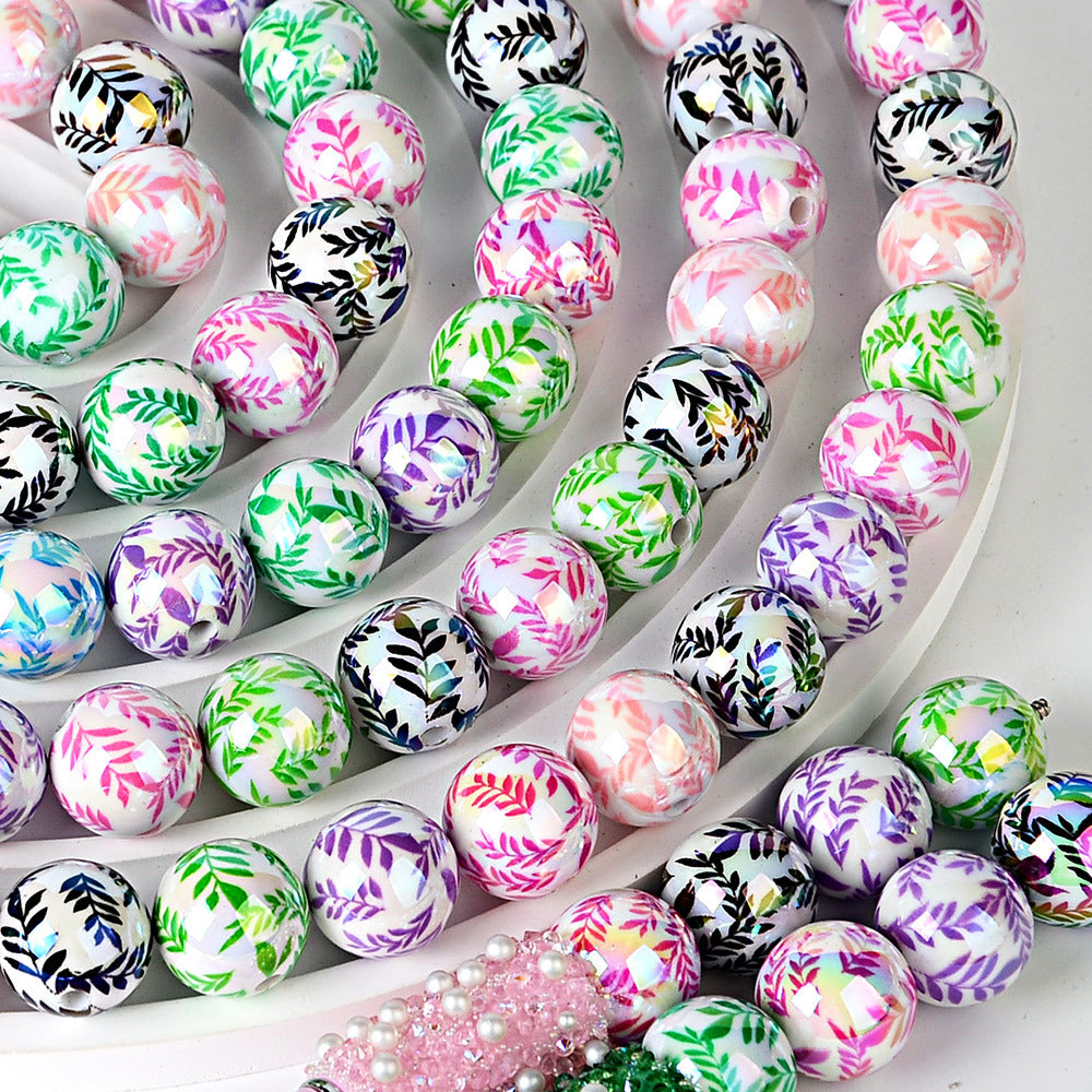 100Pcs 16mm acrylic plated color printed willow leaf round beads DIY handmade beaded loose beads mobile phone chain jewelry accessories