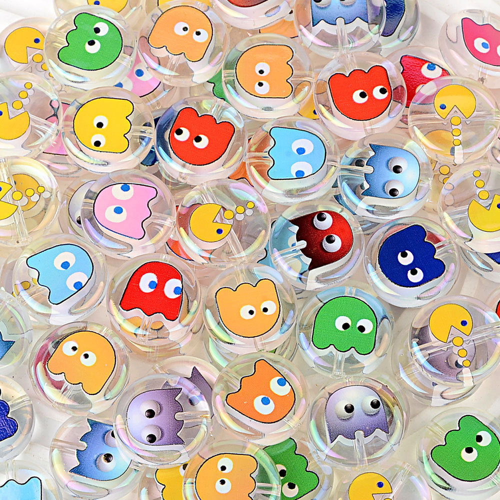 100Pcs 16mm acrylic solid color printing Pac-Man ghost straight hole round beads DIY handmade beaded jewelry accessories loose beads