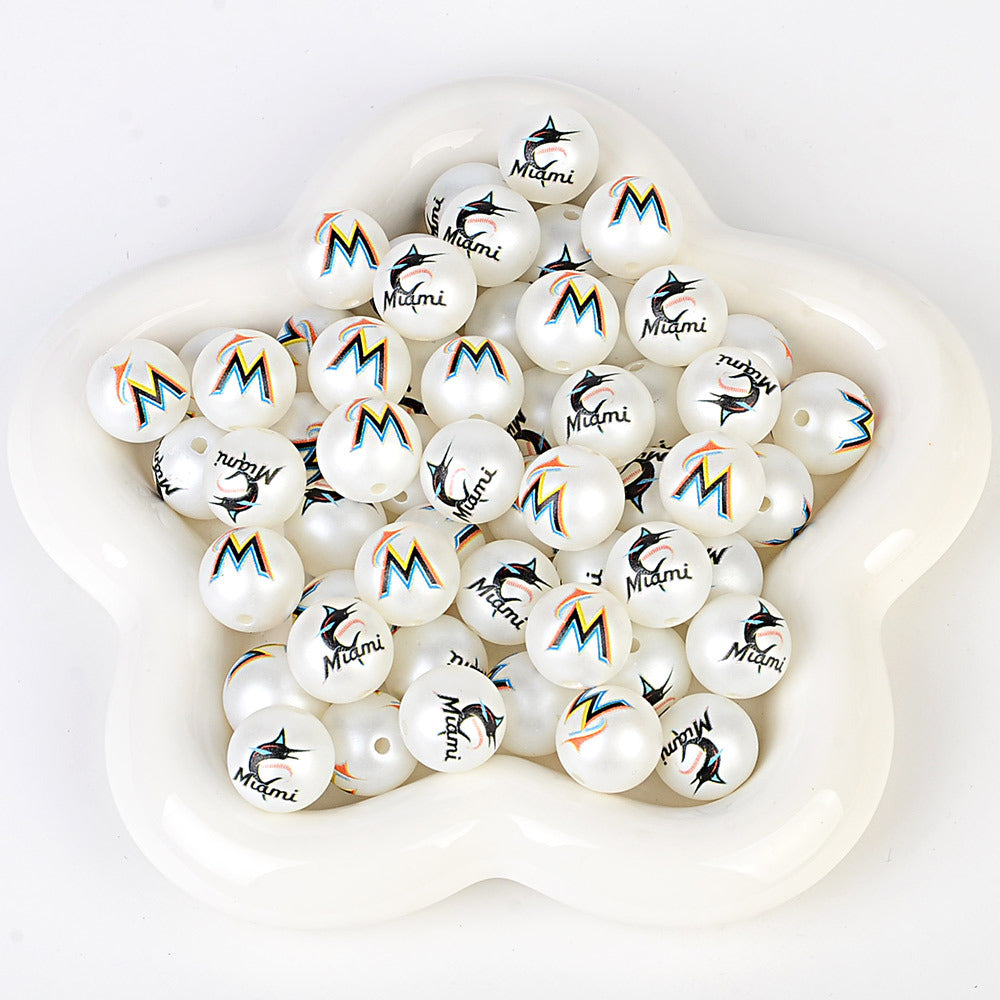100Pcs 16mm frosted printing MLB baseball league round beads loose beads DIY bead pen car hanging baseball team accessories