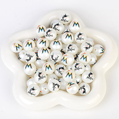 100Pcs 16mm frosted printing MLB baseball league round beads loose beads DIY bead pen car hanging baseball team accessories