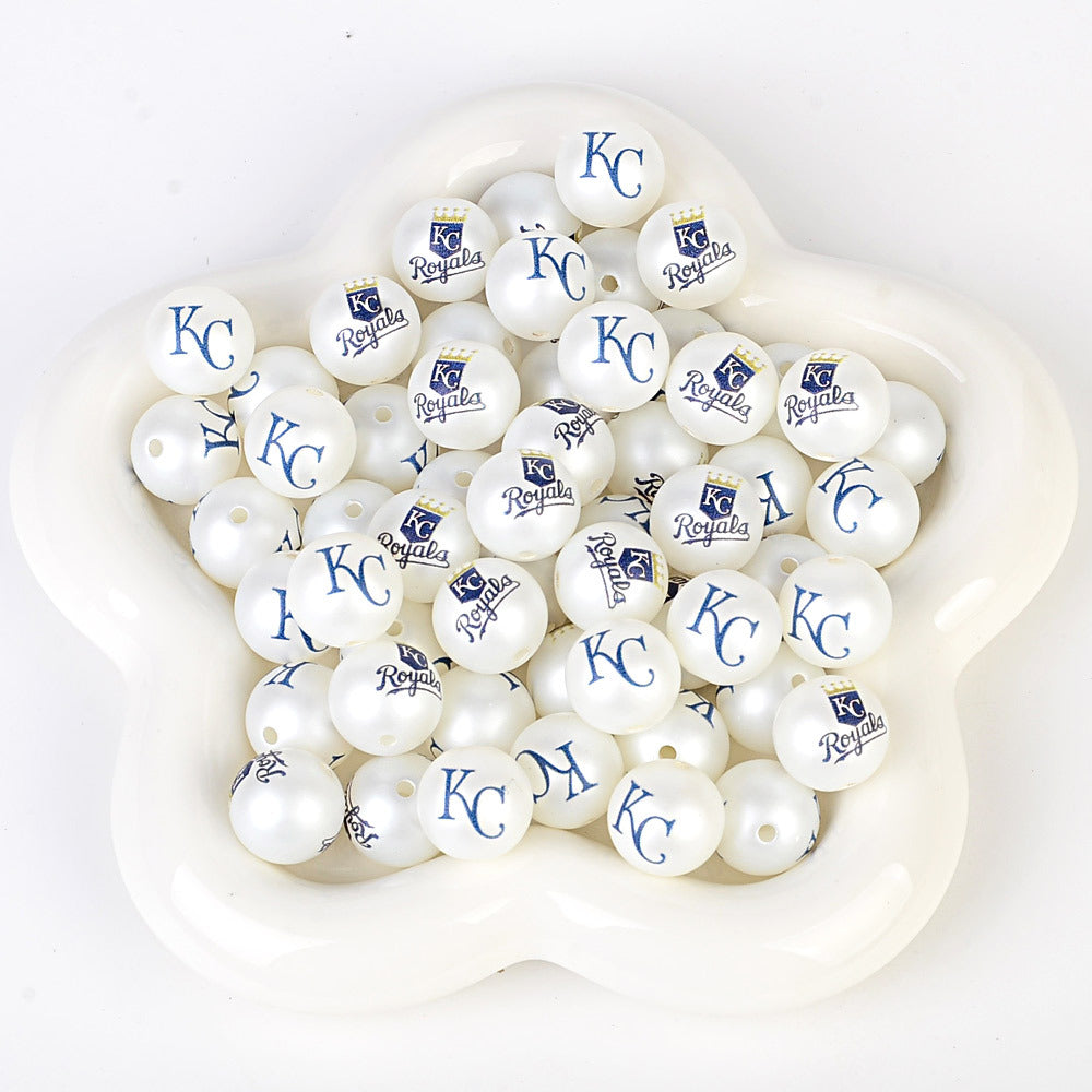 100Pcs 16mm frosted printing MLB baseball league round beads loose beads DIY bead pen car hanging baseball team accessories