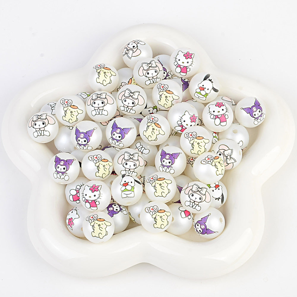 100Pcs printed Sanrio Hello Kitty hallo KT straight hole round beads DIY jewelry loose beads mobile phone chain bead pen accessories