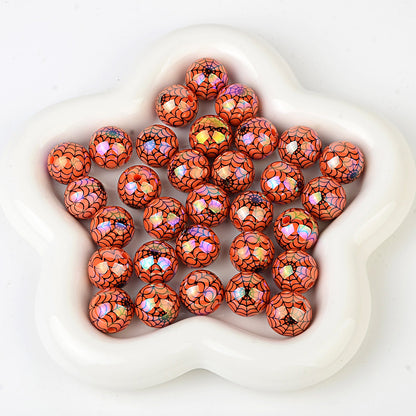 100Pcs 16mm acrylic plated color Halloween printing spider web straight hole round bead live broadcast DIY handmade beaded jewelry accessories