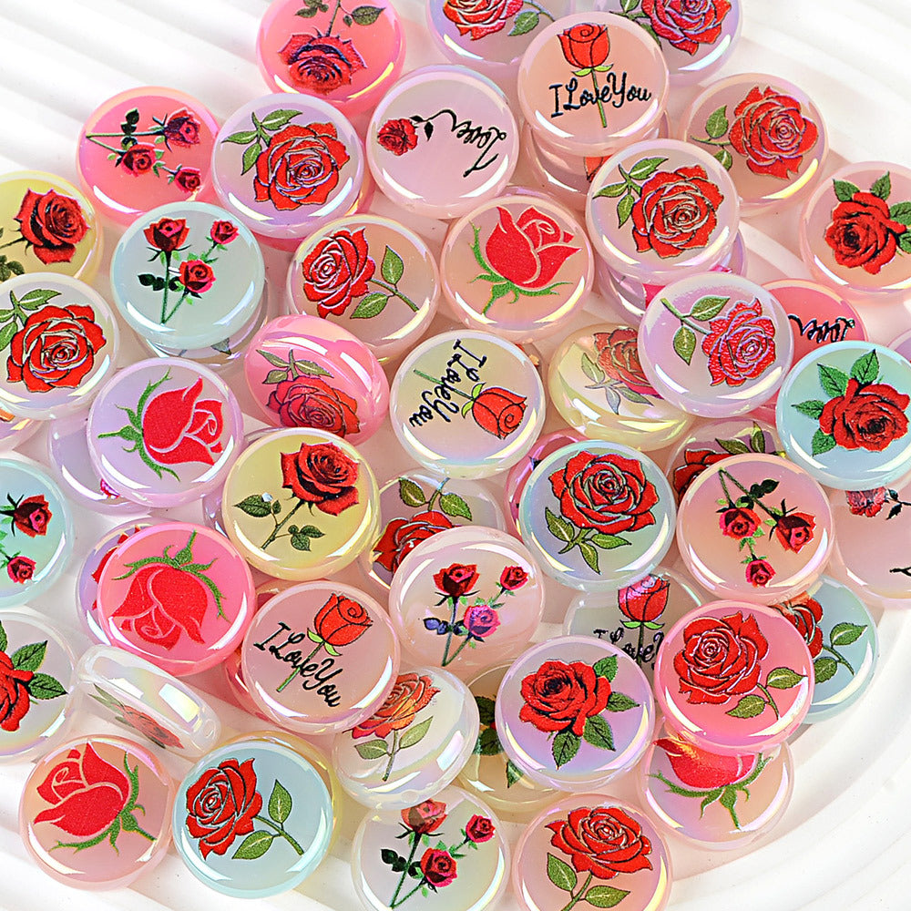 100Pcs Valentine's Day rose printing flat bead disc acrylic plated colored bead mobile phone chain string pen bead DIY accessories material