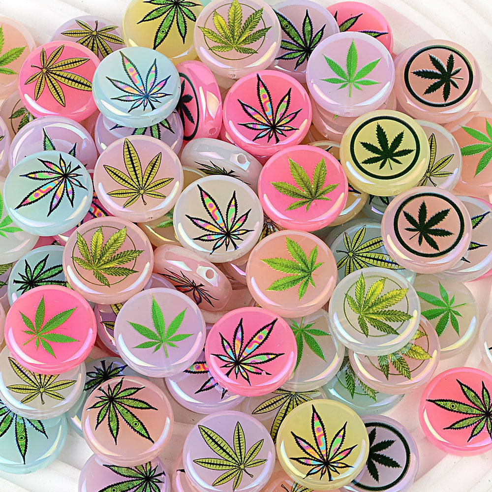 100Pcs color maple leaf printing beads, acrylic through-hole round beads Internet celebrity DIY jewelry accessories, cross-border wholesale