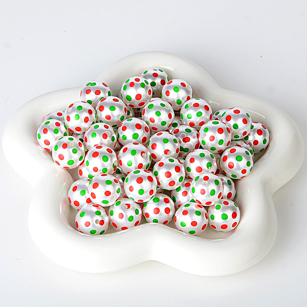 100Pcs Holiday Party Printed Beads Color Red and Green Polka Dots Through Hole Beads DIY Handmade Bead Pen Mobile Phone Chain Accessories