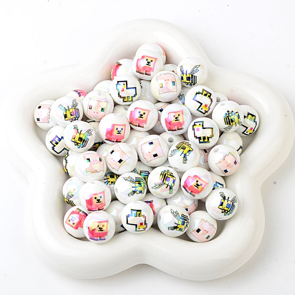 100Pcs 16mm acrylic printed cartoon gamepad straight hole round beads DIY handmade beaded jewelry accessories material