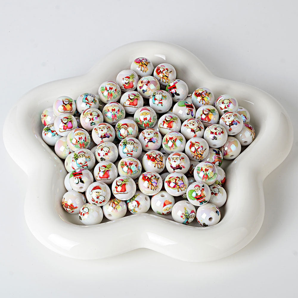 100Pcs 16mm solid color Christmas beads printed Santa Claus Christmas tree beaded DIY mobile phone chain bag chain accessories