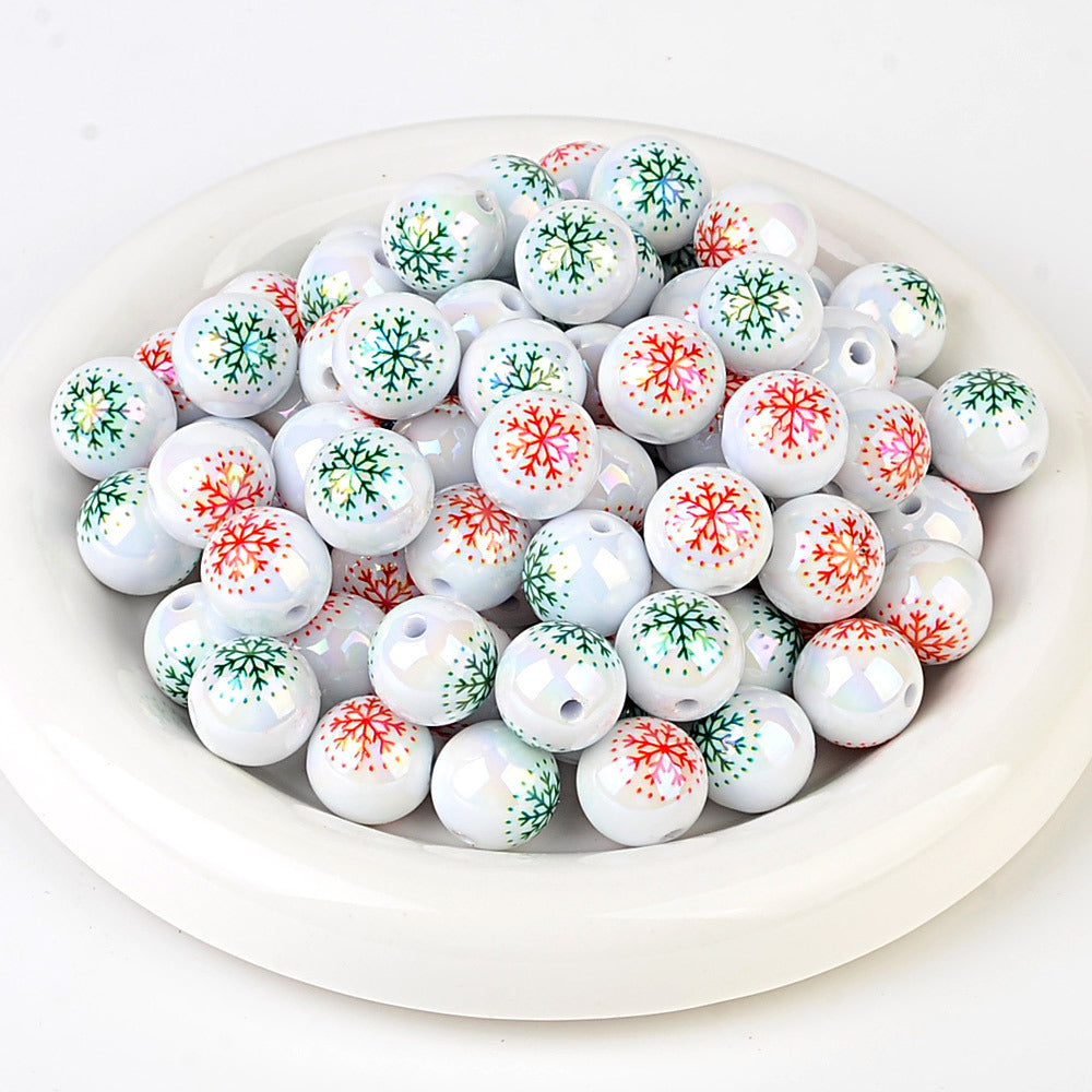 100Pcs 16mm acrylic white bead print red and green mixed color snowflake through hole beaded DIY handmade material jewelry accessories wholesale