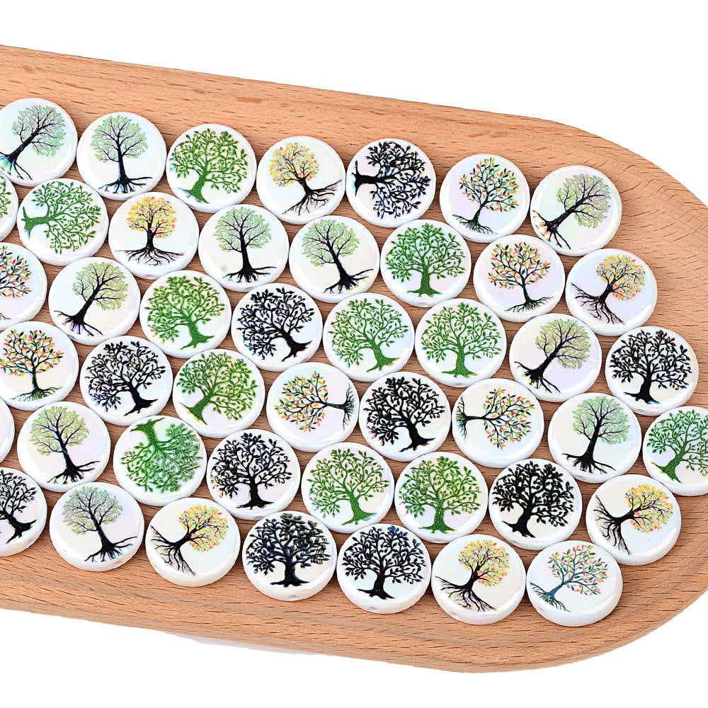 100Pcs Cross-border hot-selling Tree of Life beads Symphony white background tree pattern flat beads Handmade beading material manufacturers wholesale
