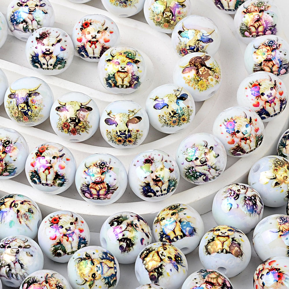 100Pcs acrylic double-sided printing cow head pattern straight hole round beads DIY mobile phone rope keychain string pen accessories wholesale