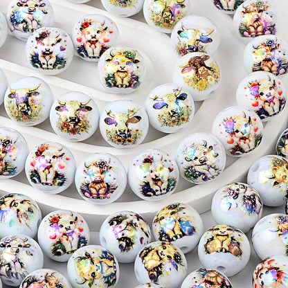 100Pcs acrylic double-sided printing cow head pattern straight hole round beads DIY mobile phone rope keychain string pen accessories wholesale