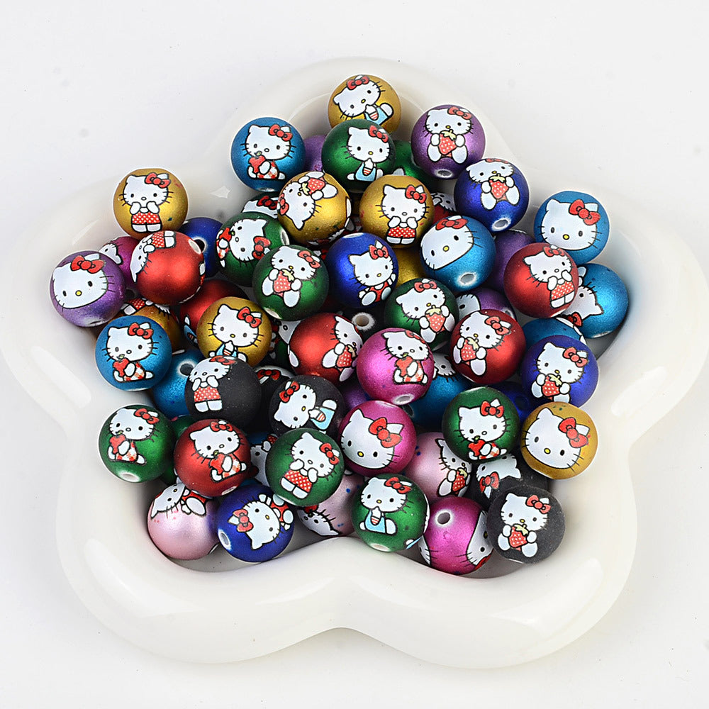 100Pcs printed Sanrio Hello Kitty hallo KT straight hole round beads DIY jewelry loose beads mobile phone chain bead pen accessories