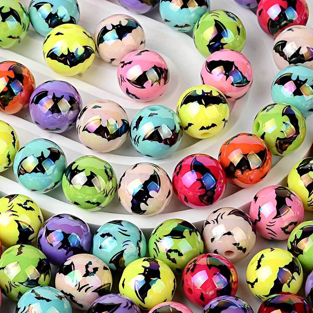 100Pcs acrylic UV plated colorful multi-color Halloween printing bat round beads DIY handmade string pen mobile phone chain accessories