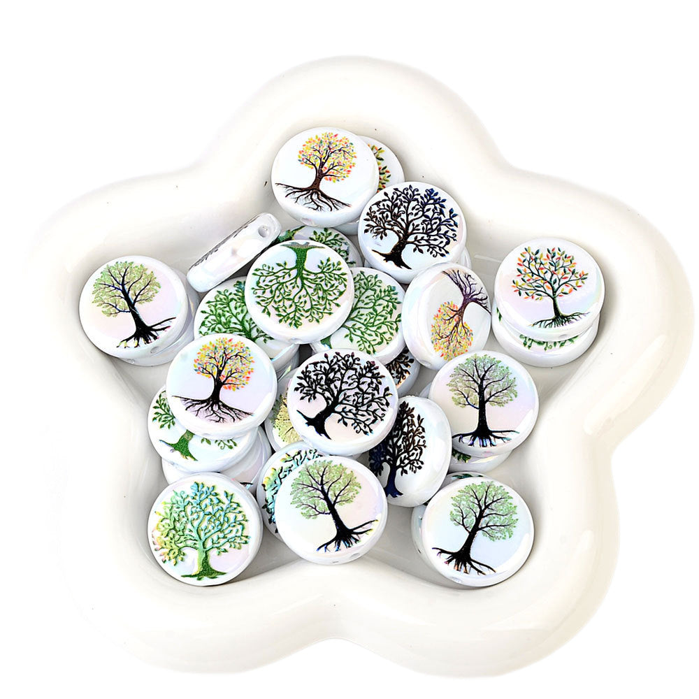 100Pcs Cross-border hot-selling Tree of Life beads Symphony white background tree pattern flat beads Handmade beading material manufacturers wholesale