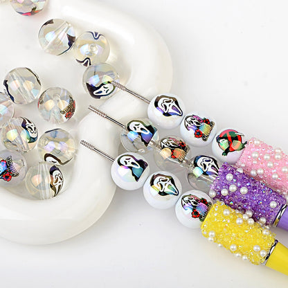 100Pcs 16mm Halloween grimace double-sided printed through-hole round beads DIY bead pen car hanging mobile phone chain loose bead accessories