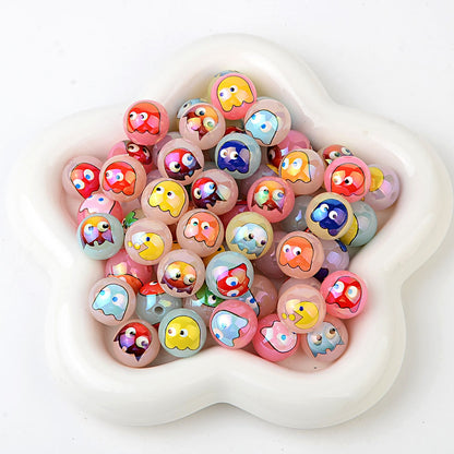 100Pcs 16mm acrylic solid color printing Pac-Man ghost straight hole round beads DIY handmade beaded jewelry accessories loose beads