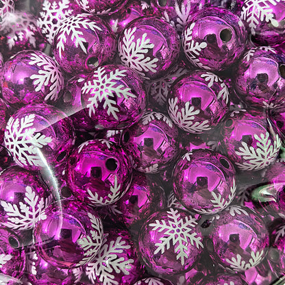 100Pcs 16mm metallic Christmas series snowflake printing round beads DIY handmade beaded loose beads mobile phone chain accessories