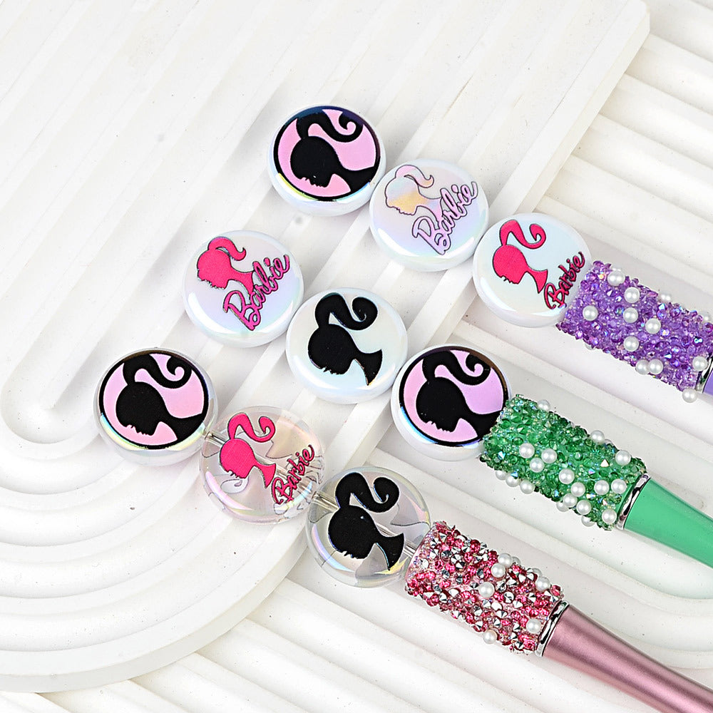 100Pcs UV plated color printing Barbie Barbie avatar straight hole round beads DIY mobile phone rope necklace jewelry loose bead accessories