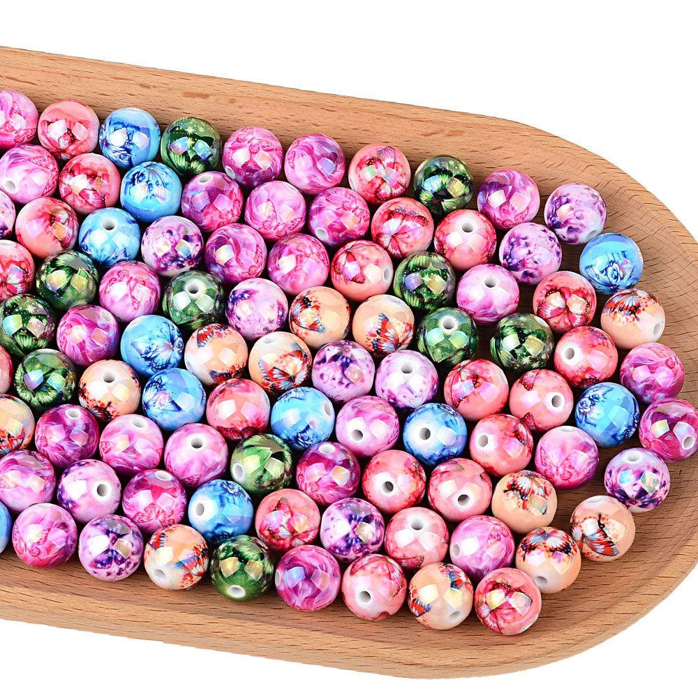100Pcs acrylic printing round beads colored butterfly pattern loose beads handmade DIY bracelet hair accessories material wholesale